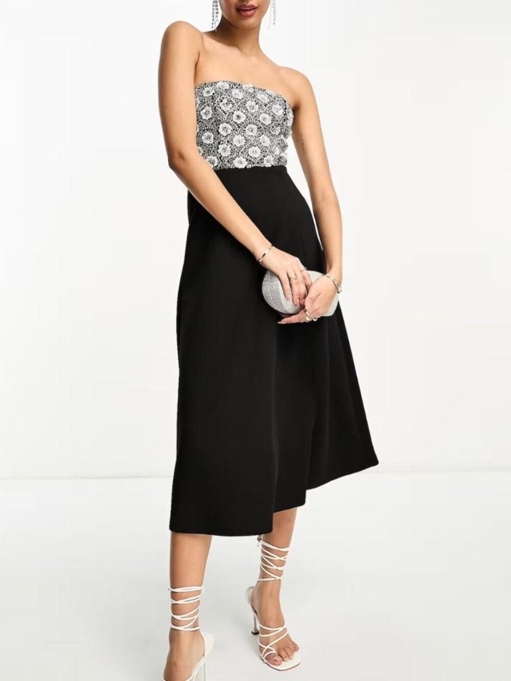 ASOS DESIGN silver sequin embellished bandeau skater midi dress in black